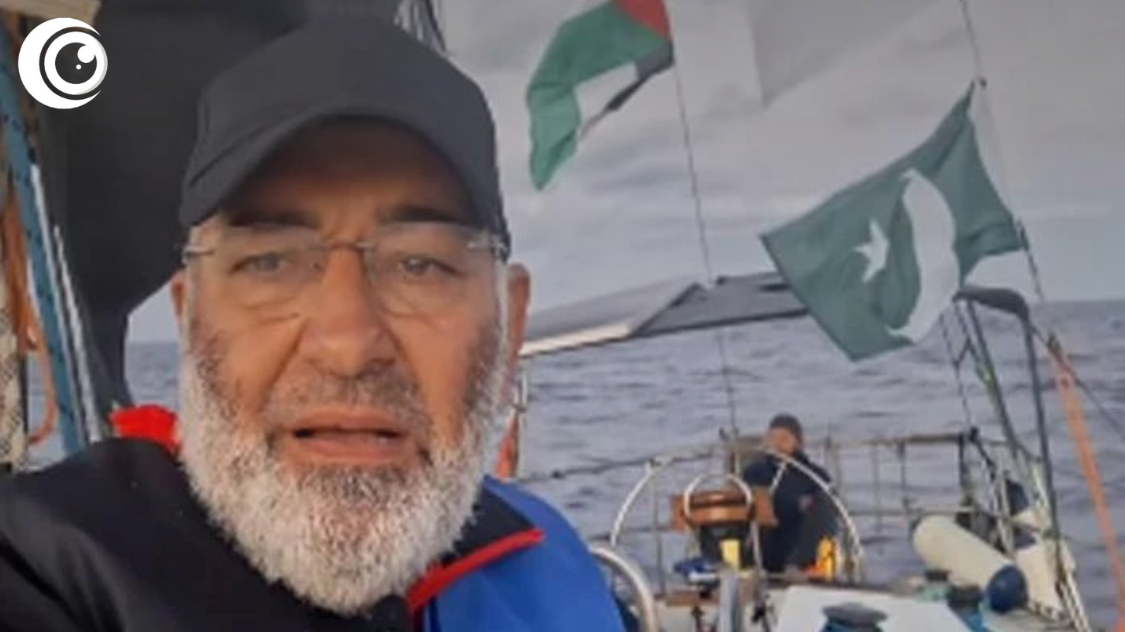 Ex-Senator Mushtaq Ahmed Khan aboard the Gaza-bound ship, part of the Global Sumud Flotilla.
